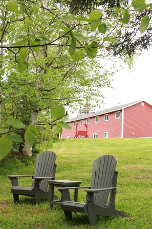 Deux fauteuils Adirondack sont placés sur une pelouse verdoyante, avec un bâtiment rouge en arrière-plan.