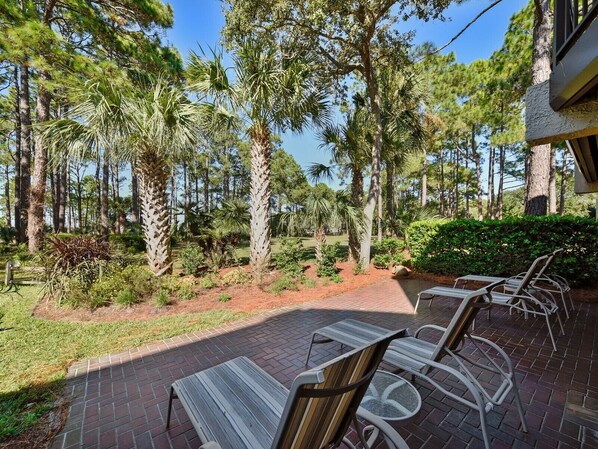 An outdoor patio area with a brick pathway, surrounded by palm trees and other greenery, featuring outdoor seating with metal chairs and a table.