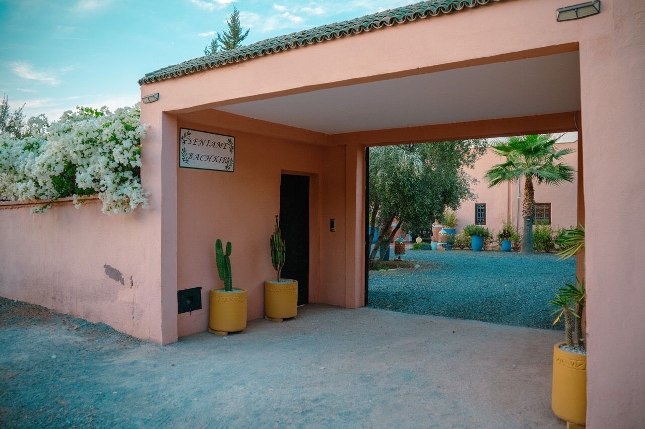 A building entrance with a sign, a covered area, and potted plants.