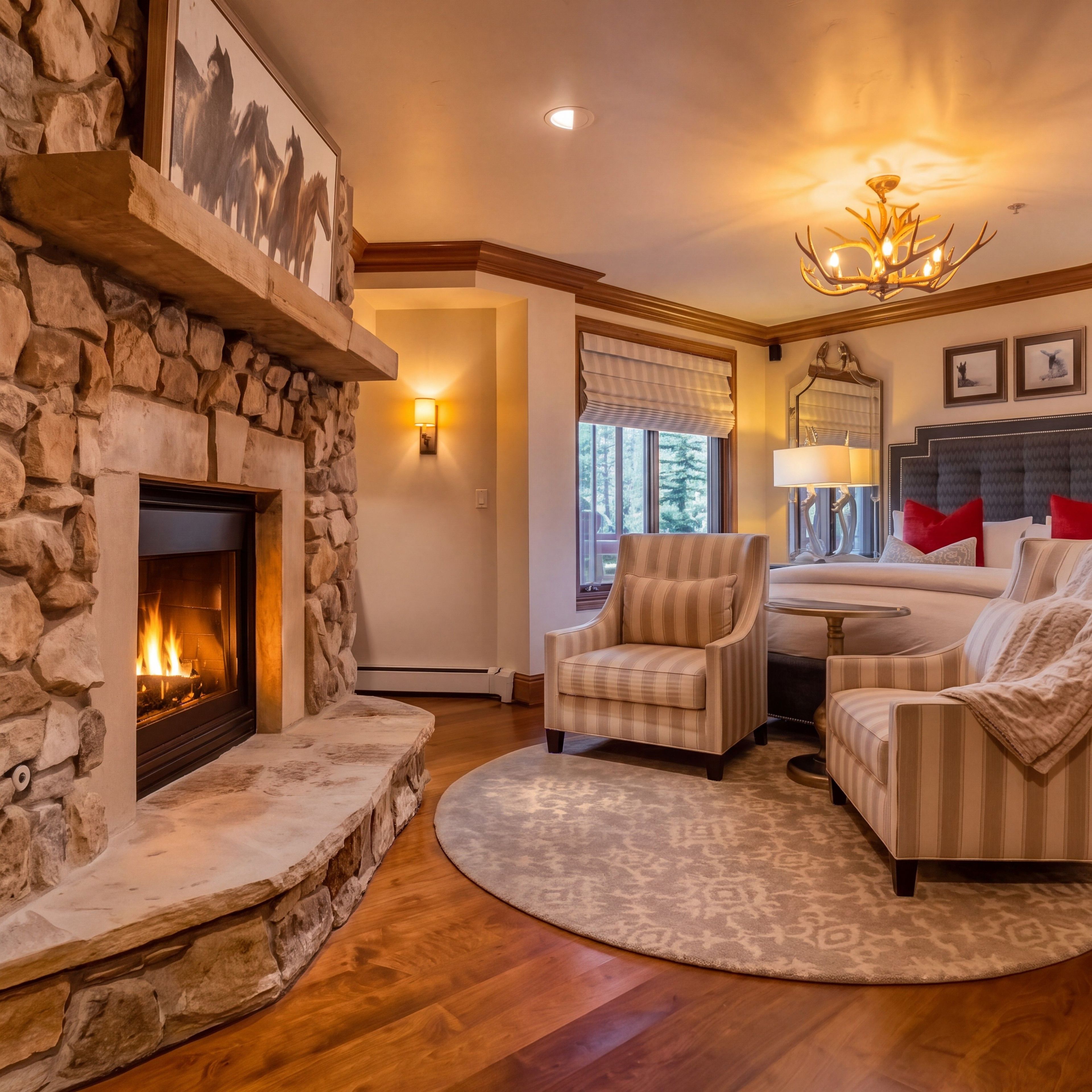 A cozy living room with a stone fireplace, comfortable seating, and a chandelier.