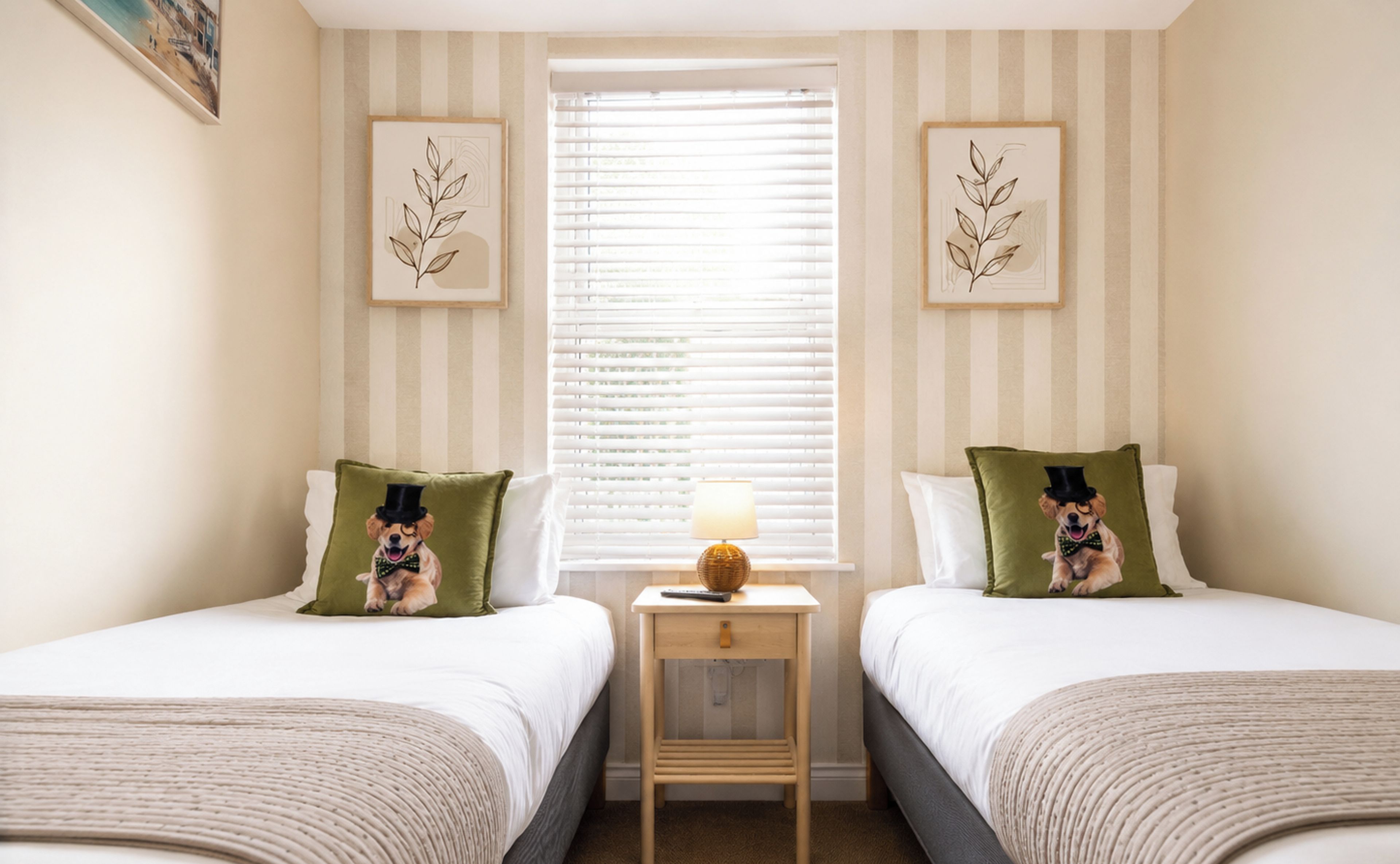 A hotel room with two beds, a nightstand with a lamp, and a window with blinds.