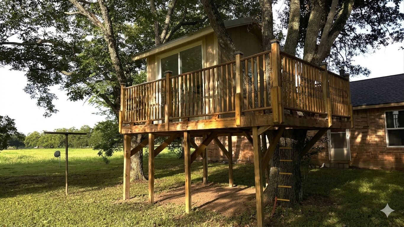 Une structure de terrasse en bois avec un balcon, soutenue par un arbre, située dans une zone herbeuse avec un bâtiment en arrière-plan.