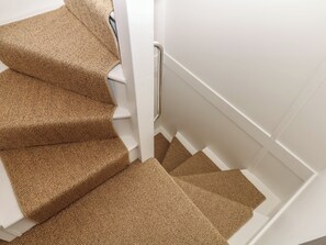 A staircase with carpeted steps and a white handrail. - Alongside (Exmouth)