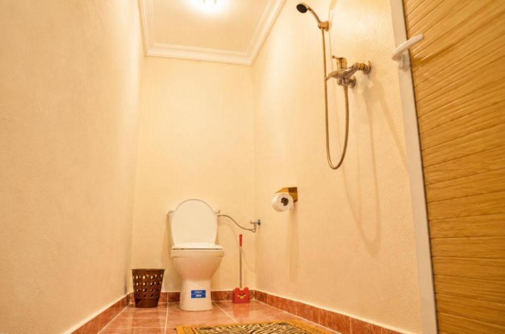 Shower, hair dryer, towels, toilet paper