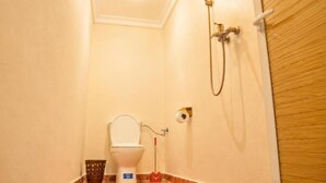 Een compacte badkamer met toilet, douche en een toiletrolhouder.