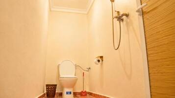 Shower, hair dryer, towels, toilet paper