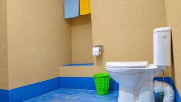 Een douche, een haardroger, handdoeken, toiletpapier
