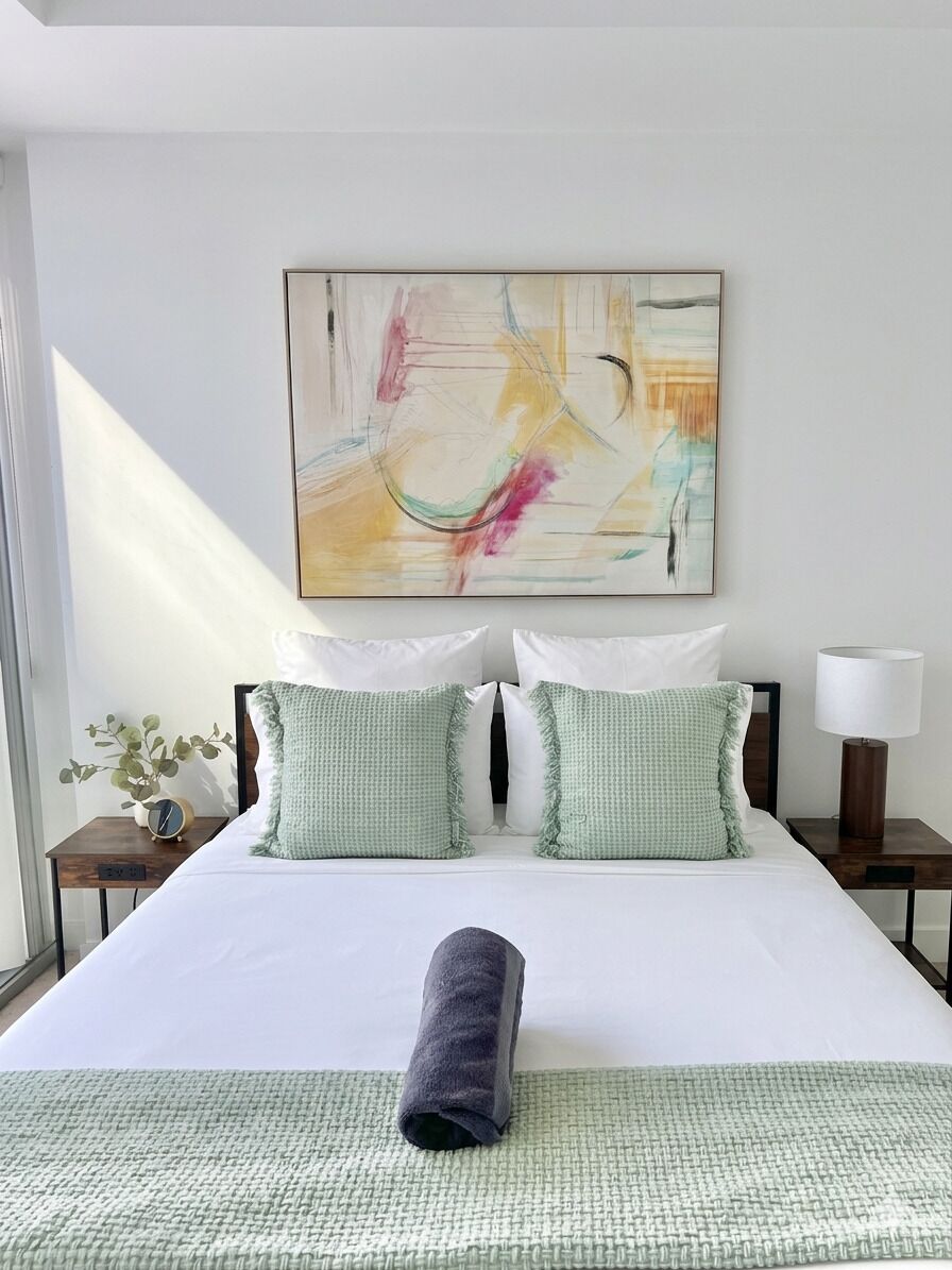 A hotel room with a large bed, two pillows, a bedside table with a lamp, a wall-mounted abstract painting, and a window providing natural light.
