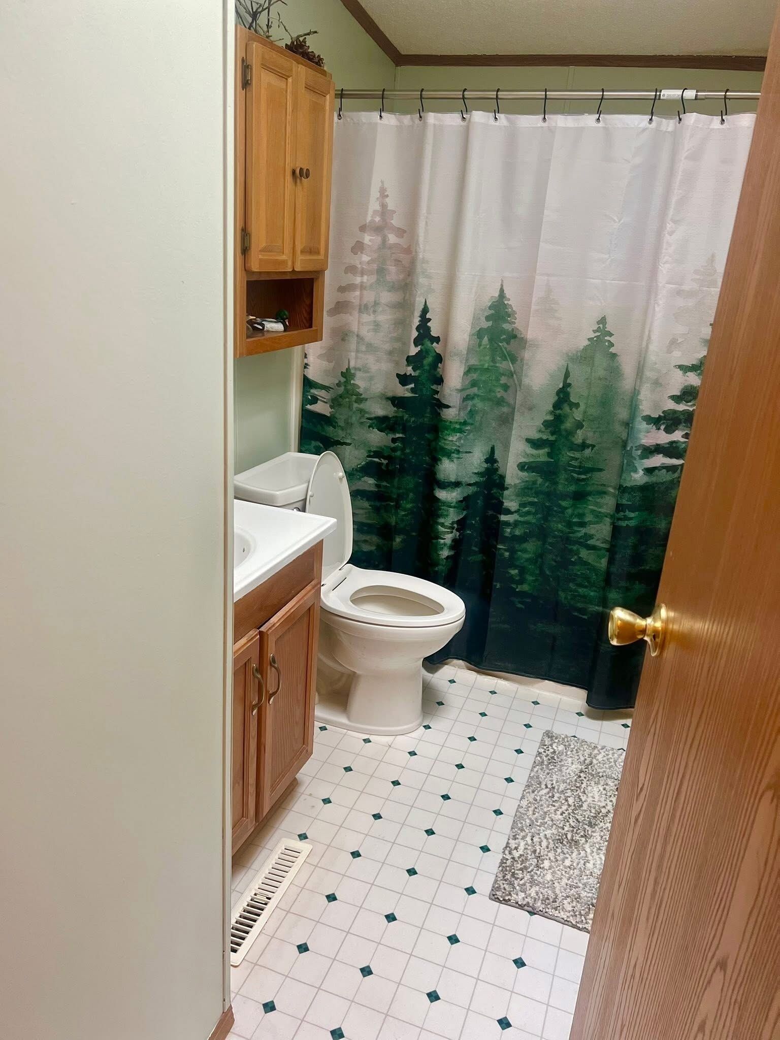 A bathroom with a toilet, a wooden cabinet, a shower curtain with a forest design, and a patterned floor.