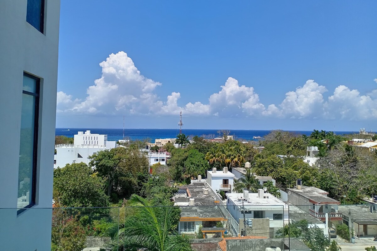 A residential area with buildings, trees, and a clear sky.