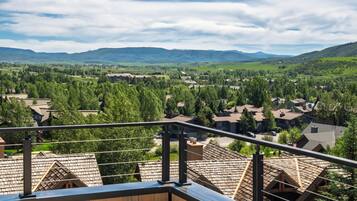 A residential area with multiple houses, a clear sky, and distant mountains.