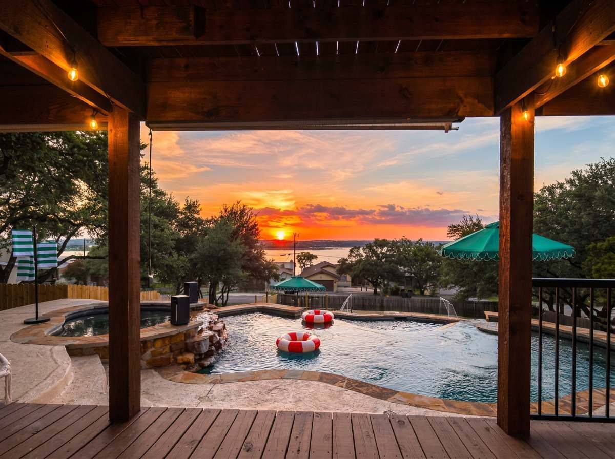 A wooden deck with a view of a sunset over a swimming pool area.