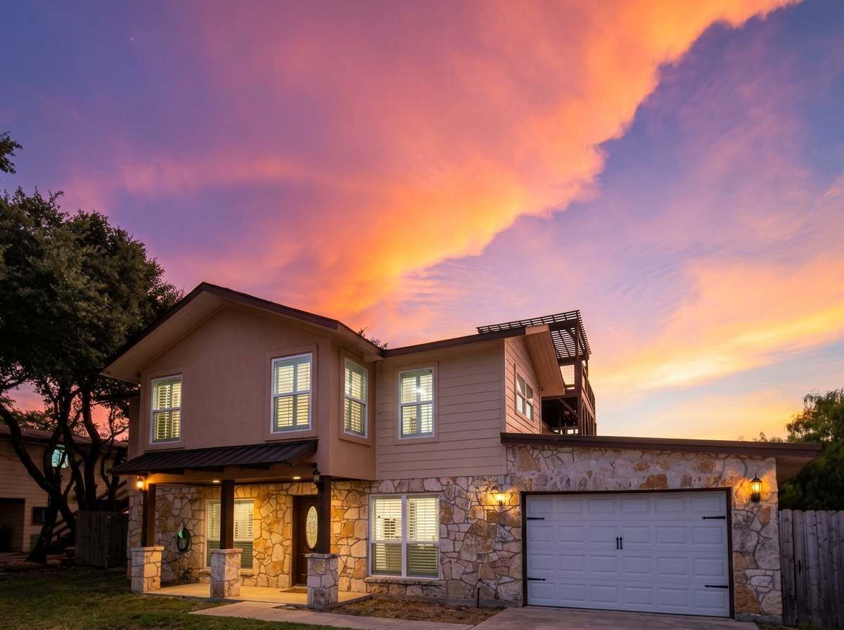 A two-story house with a stone facade, a garage, and a covered patio area.