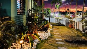 Un espace extérieur bien éclairé, avec un chemin menant à un bâtiment, entouré de plantes tropicales et de palmiers.
