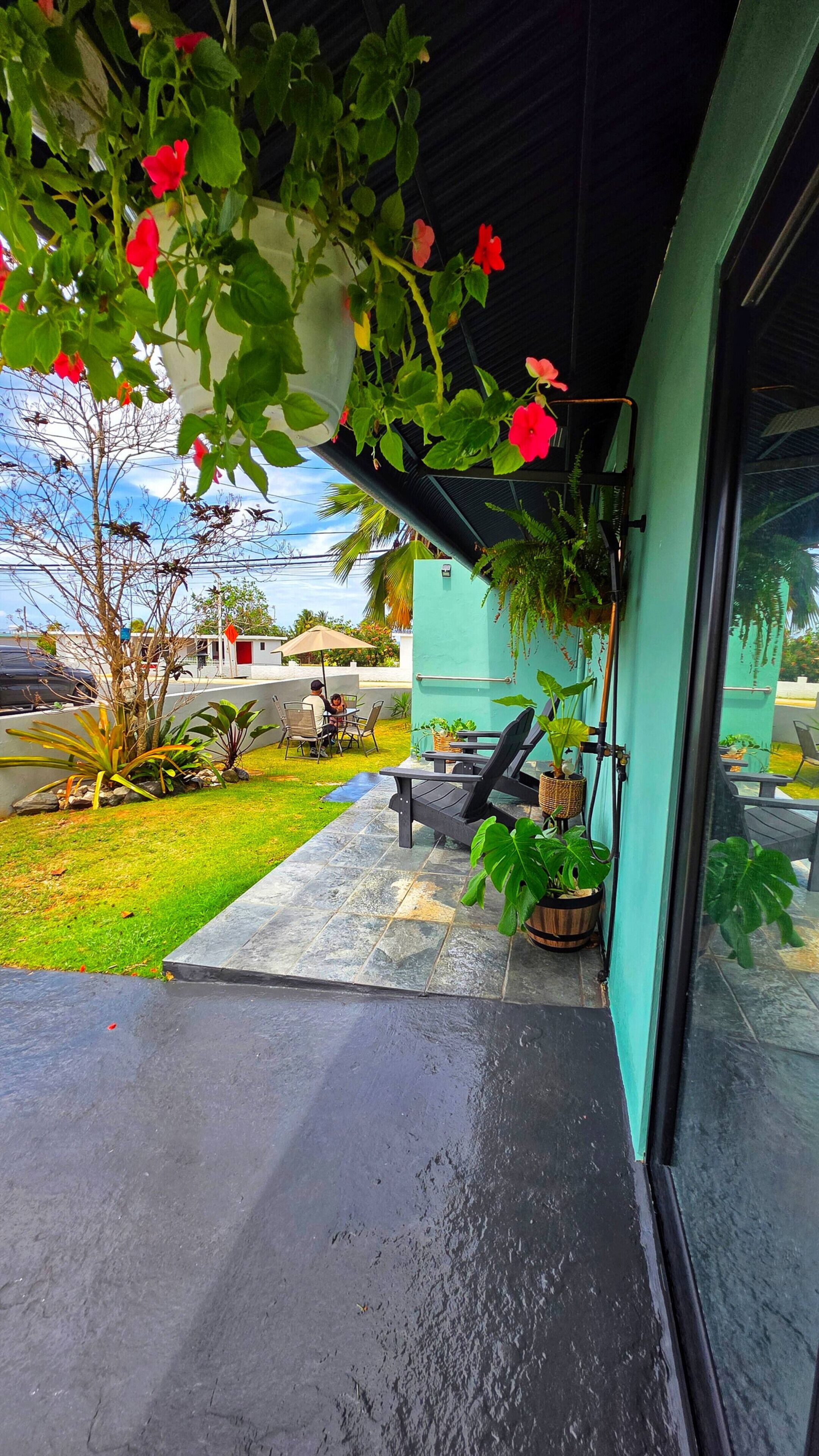 Eine Terrassenfläche mit Tisch und Stühlen, einem Blumentopf und Blick auf die Straße.