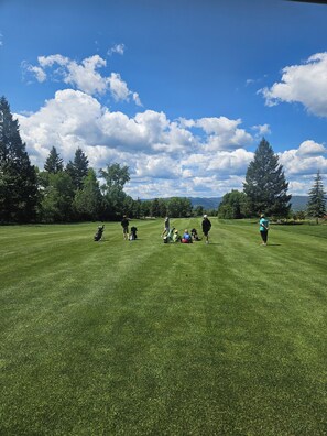 A grassy field with people and trees under a clear sky. - Big Skies, Big Fun, Room for Everyone! 
6 bedrooms, 3 full Baths, 11 Beds! (Star Valley Ranch)