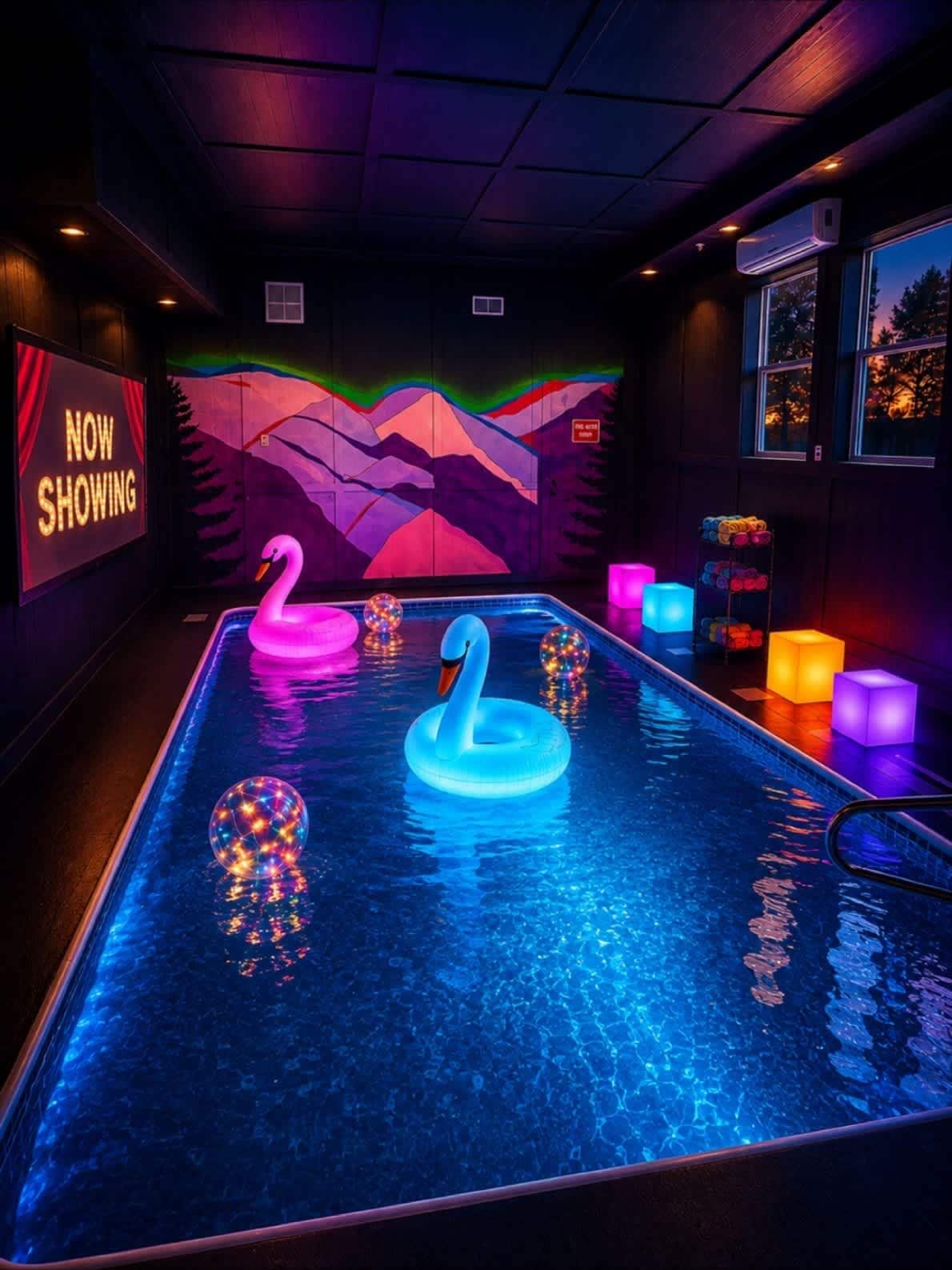 Zona de piscina con flotadores de cisnes iluminados y luces de colores.