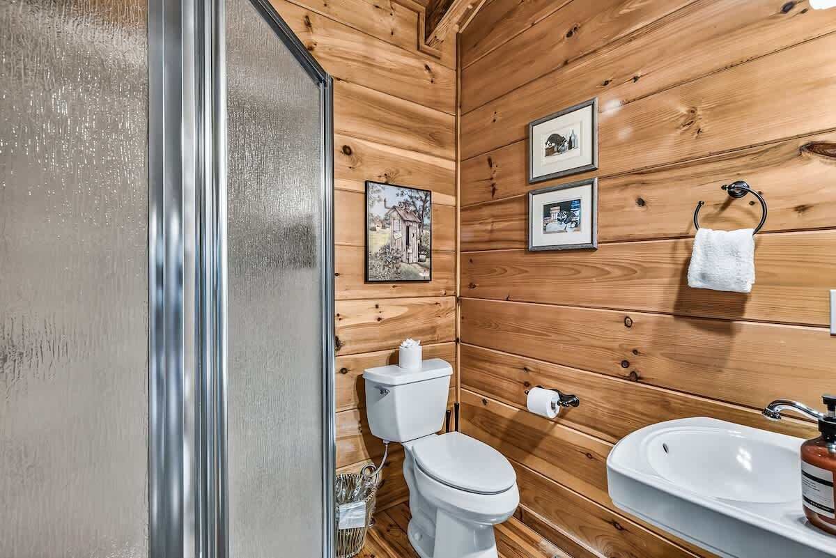 Puupaneloitu kylpyhuone, jossa on wc, pesuallas ja seinällä kehyksiin asetettuja kuvia.