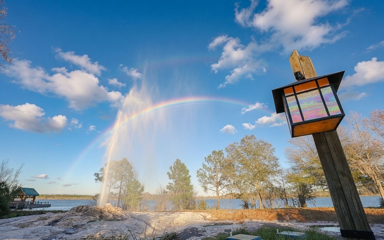 A wooden post with a rainbow, a body of water, and trees in the background.