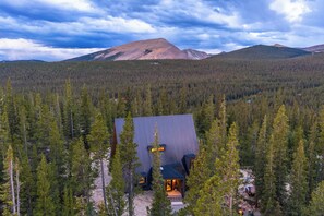 A modern cabin surrounded by dense forest, with a mountain in the background.