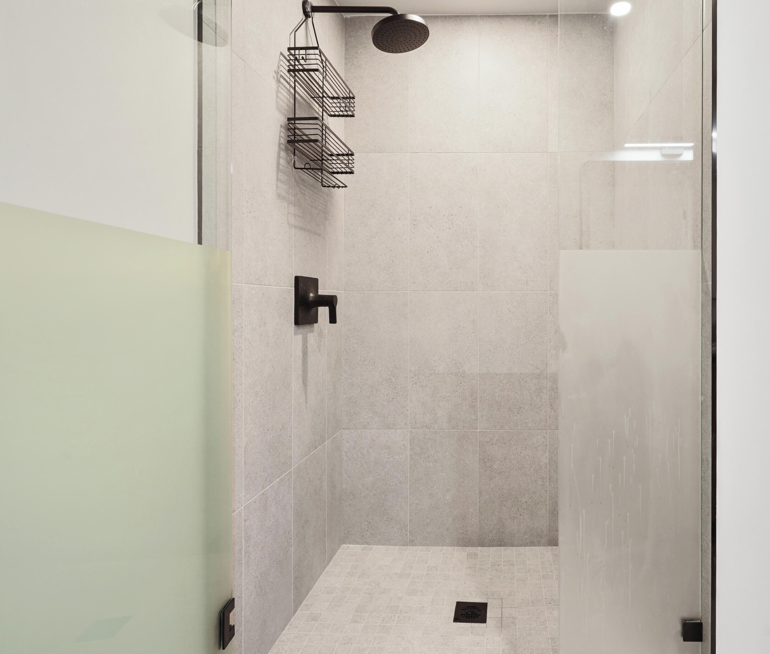 A modern shower with a glass door, a metal rack, and a handheld showerhead.