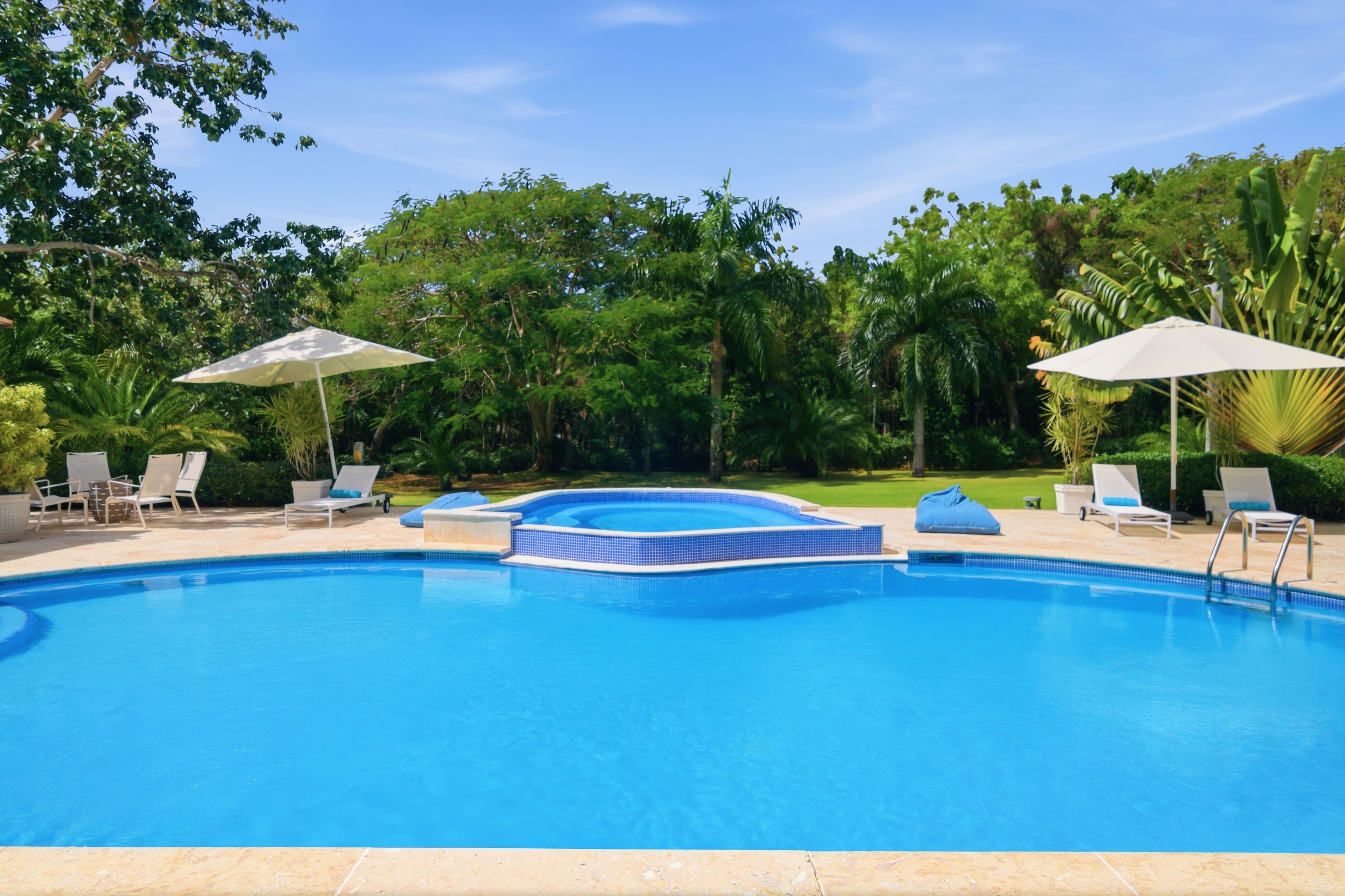 A swimming pool with a hot tub, surrounded by lounge chairs and umbrellas, set in a lush garden.