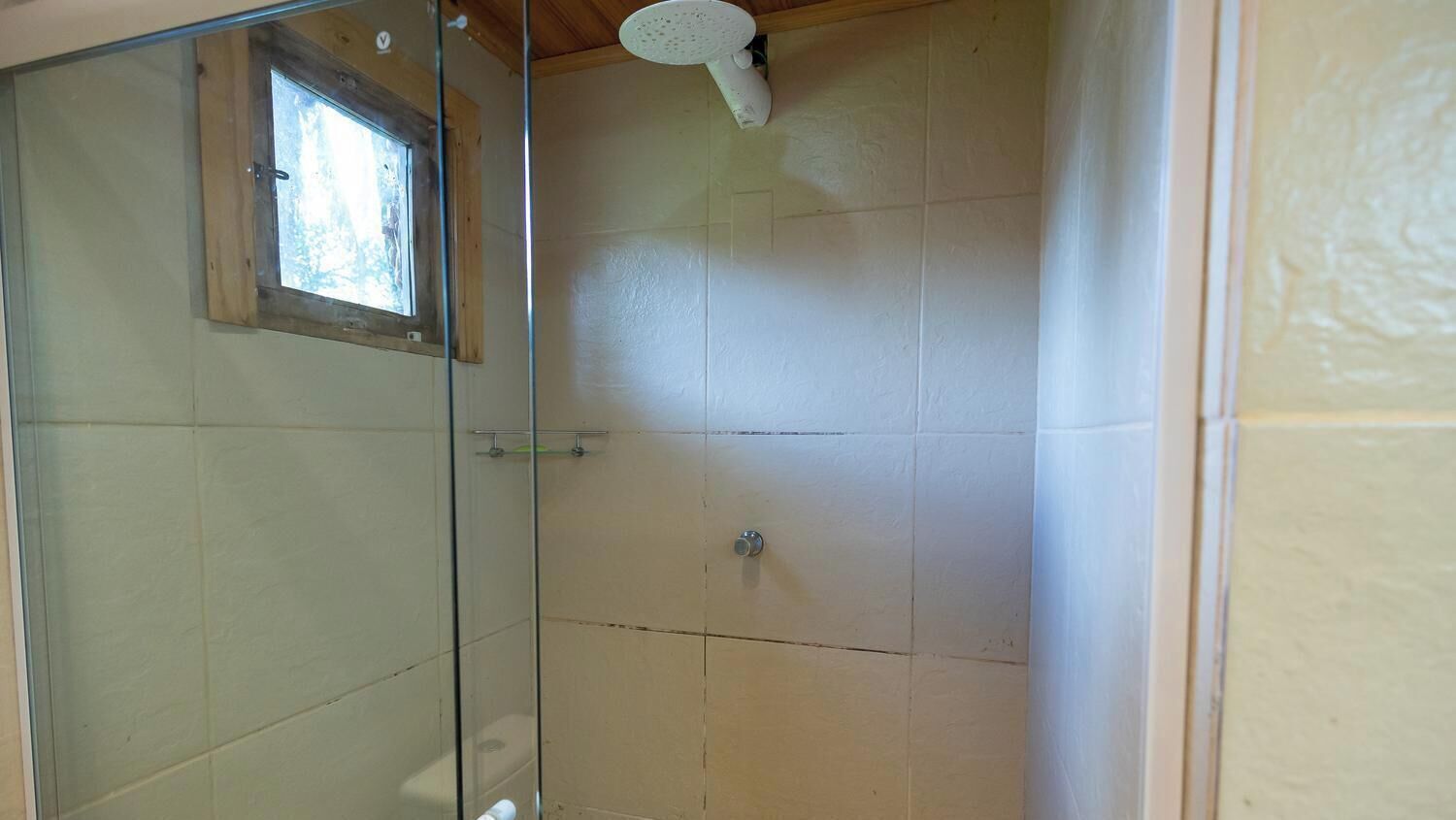A glass-enclosed shower with a window, a showerhead, and a control knob.