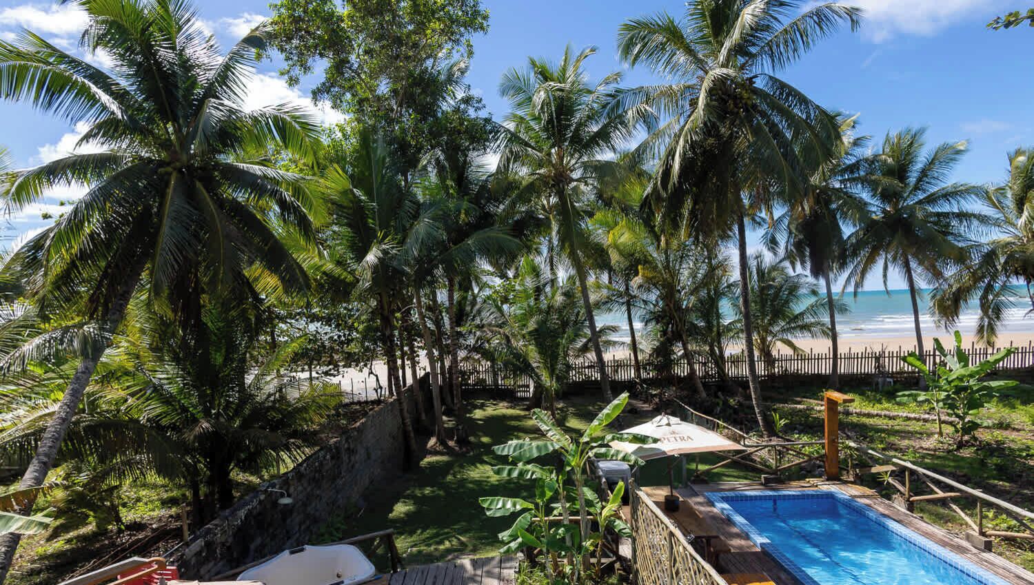 A pool area with a wooden deck, surrounded by palm trees and a view of the beach.
