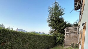 En træterrasse med gelænder i metal, en hæk og et bjerglandskab i baggrunden.