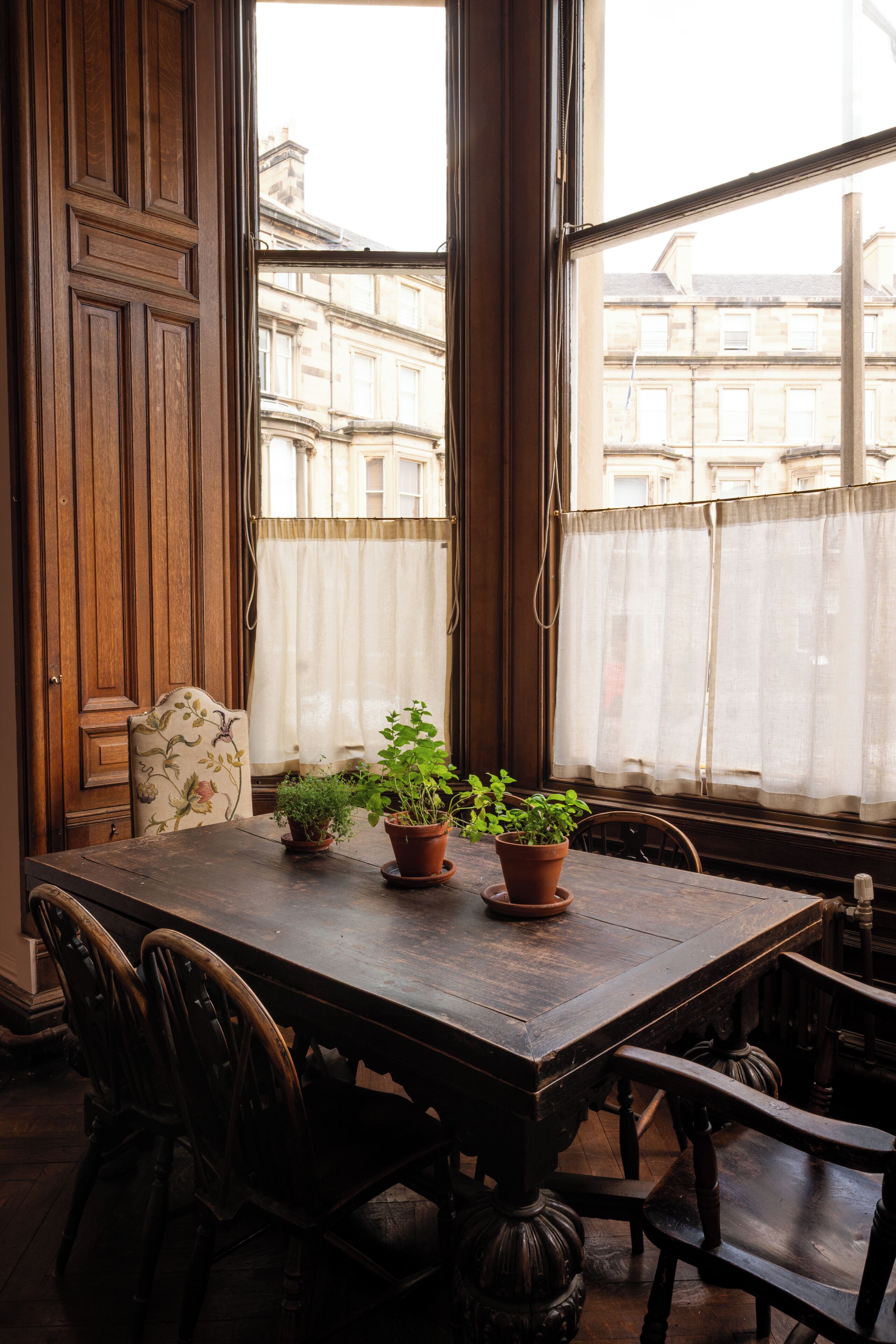 A wooden dining table with four potted plants, surrounded by wooden chairs.