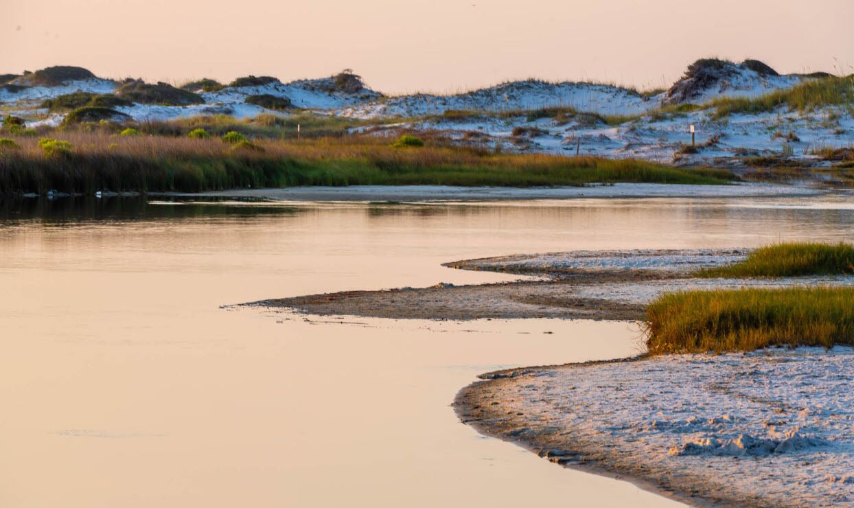A calm river with sandy banks and sparse vegetation.