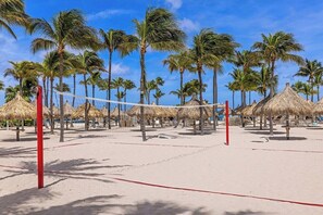 Camp de voleibol platja amb una xarxa, envoltat de palmeres i estructures amb teulades de palla.