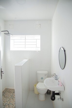 A small bathroom with a toilet, sink, and shower.