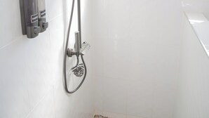 Shower, towels, soap, toilet paper
