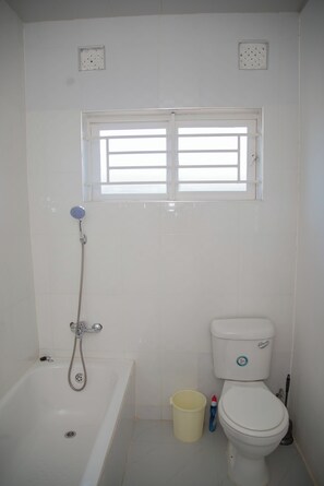 Shower, towels, soap, toilet paper