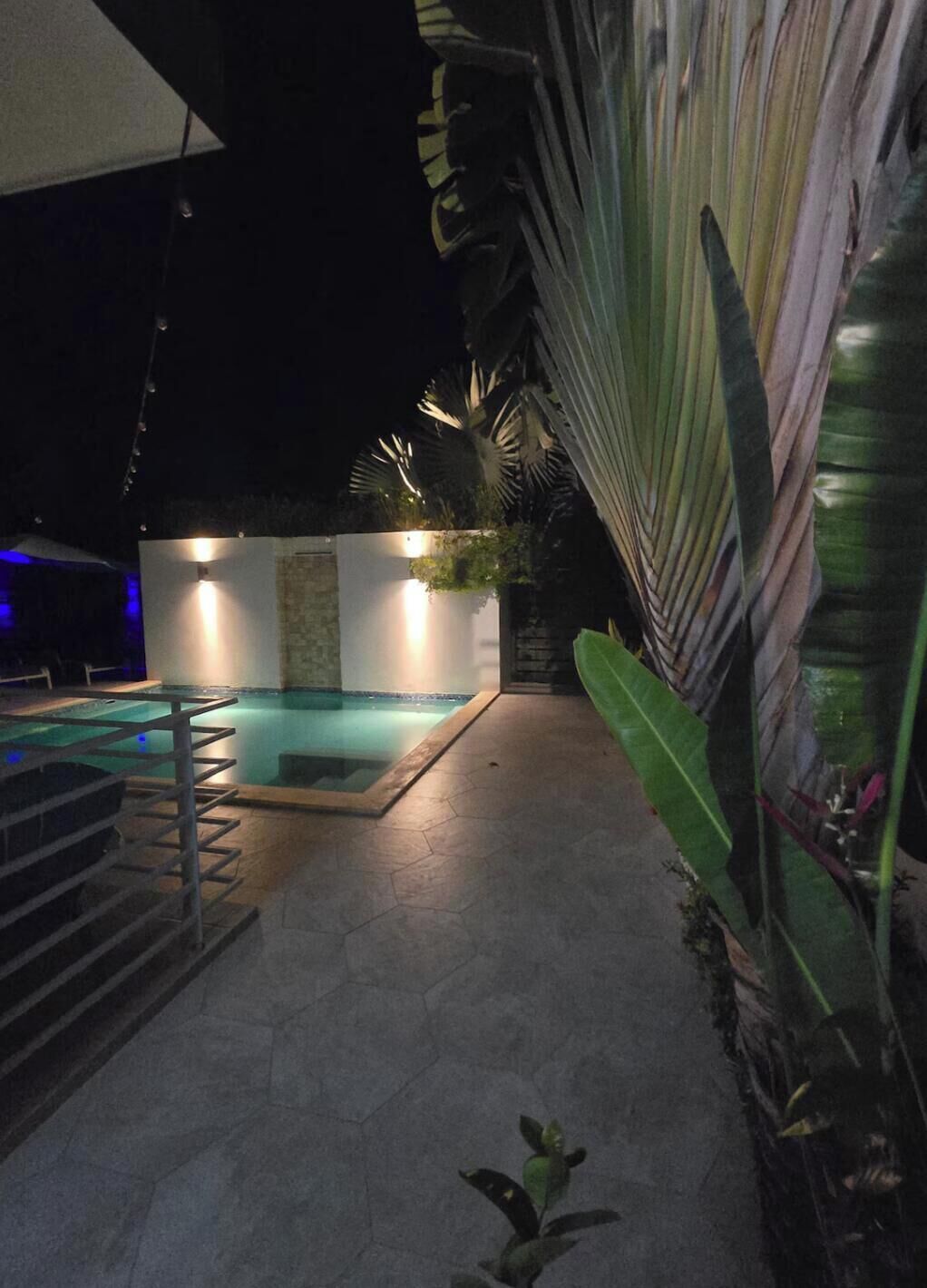 A nighttime pool area with a clear pool, steps leading to the pool, and surrounding greenery.