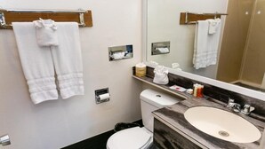 Kylpyhuoneessa on wc, pesuallas ja peili. Pyyhkeet on ripustettu telineeseen, ja hyllyllä on hygieniatuotteita.