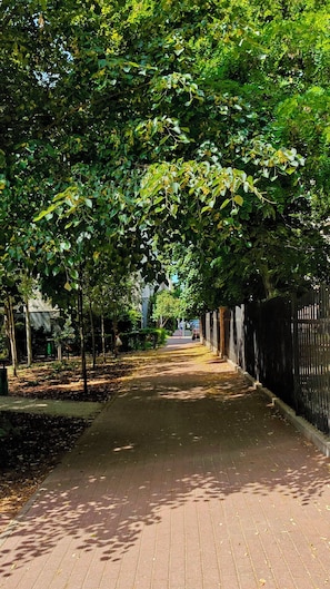 A paved pathway lined with trees and a fence on one side. - Blue Dream - Warsaw Ochota Apartment - Easy Access to Chopin Airport (Warszawa)