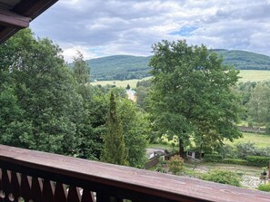 A view from a balcony overlooking a lush landscape with trees and a distant hill.