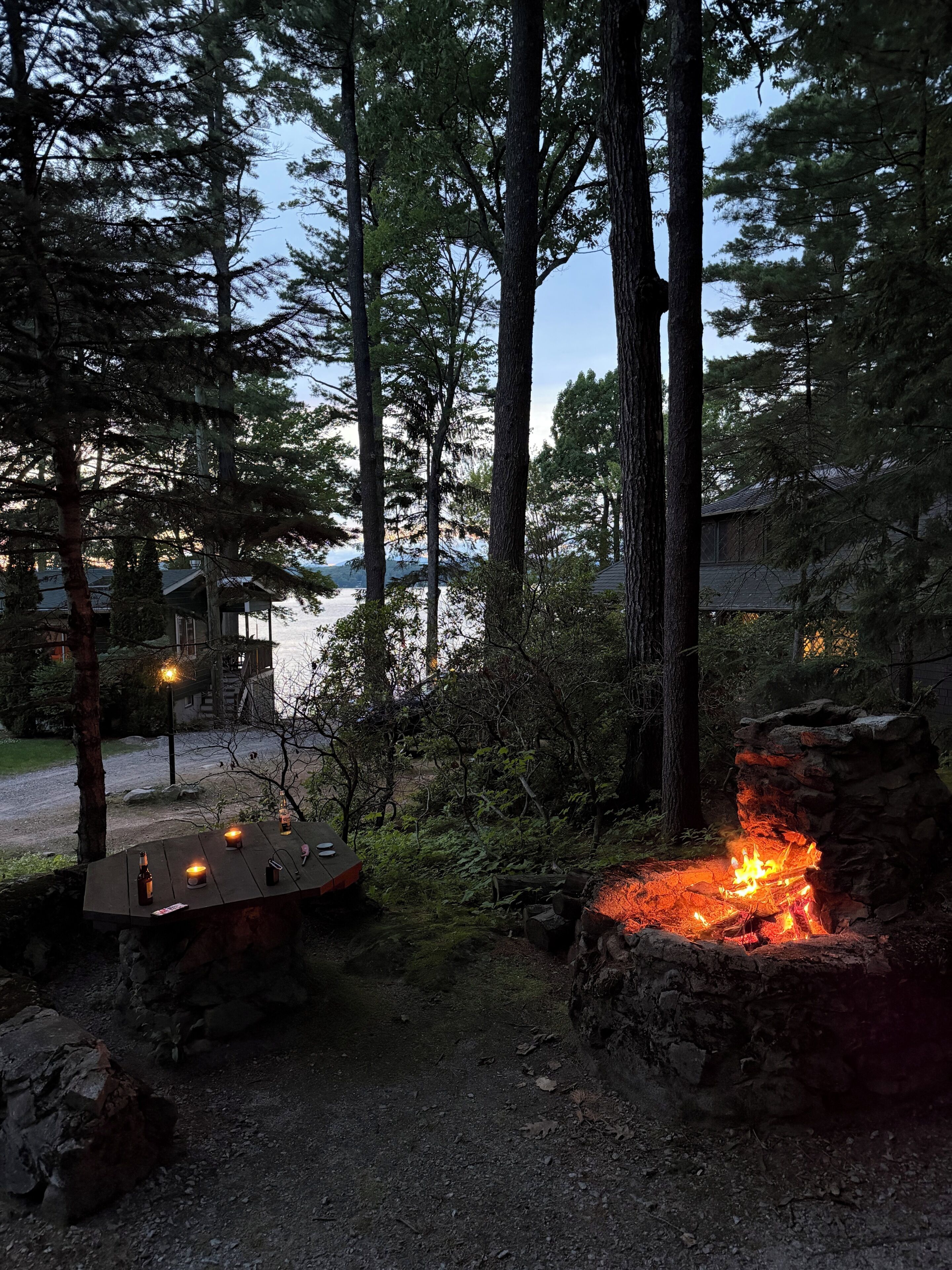 A forested area with a stone fire pit and a table with candles.