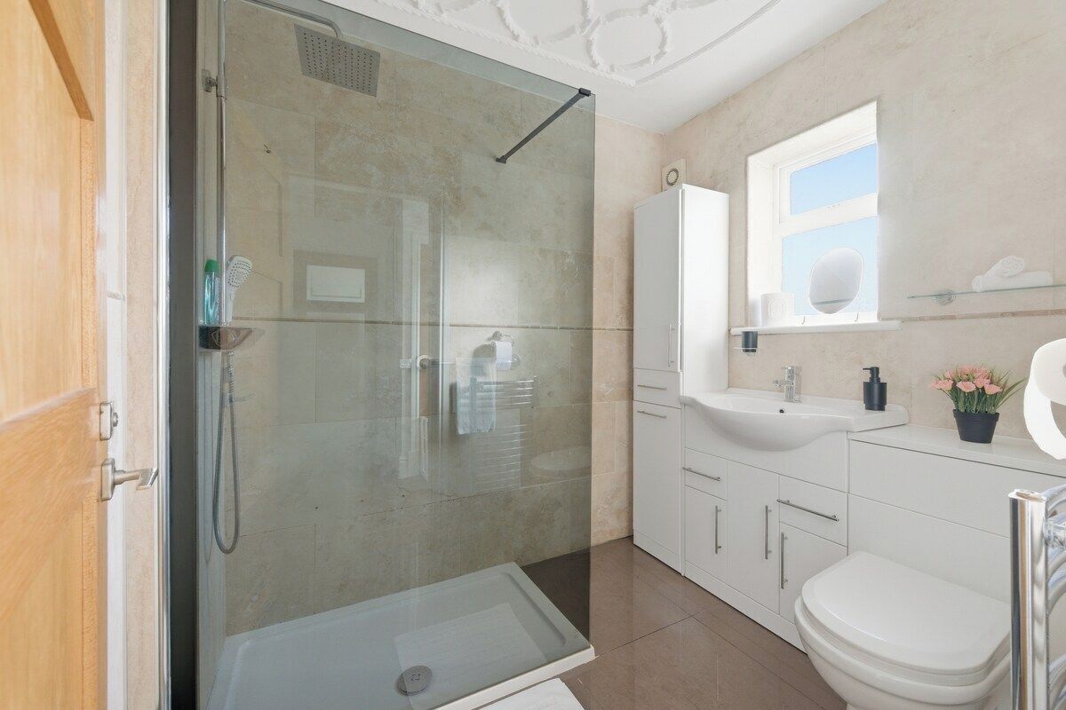 Hair dryer, towels, shampoo, toilet paper