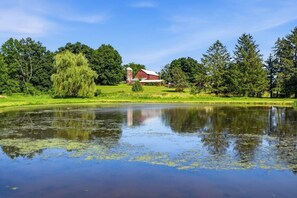 A serene landscape with a pond, a red barn, and lush greenery. - Spacious ADA 6BR Home for Groups w. Private Pond (Goshen)