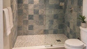 Um chuveiro com porta de vidro, um vaso sanitário e uma pequena planta.