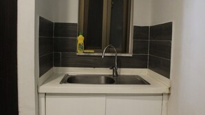 Eine Küche mit Spüle aus Edelstahl, einem Fenster darüber und einer Flasche Spülmittel auf der Arbeitsfläche.