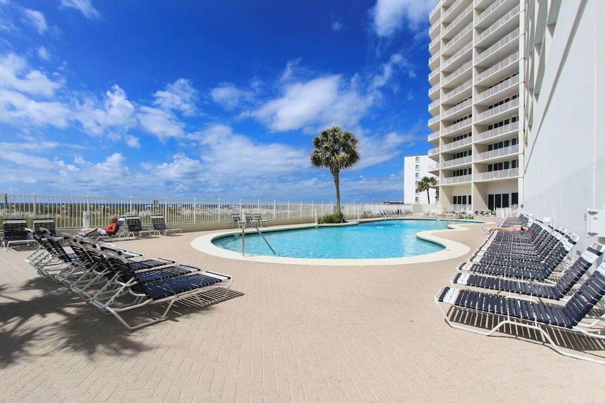A pool area with lounge chairs, a palm tree, and a high-rise building in the background.