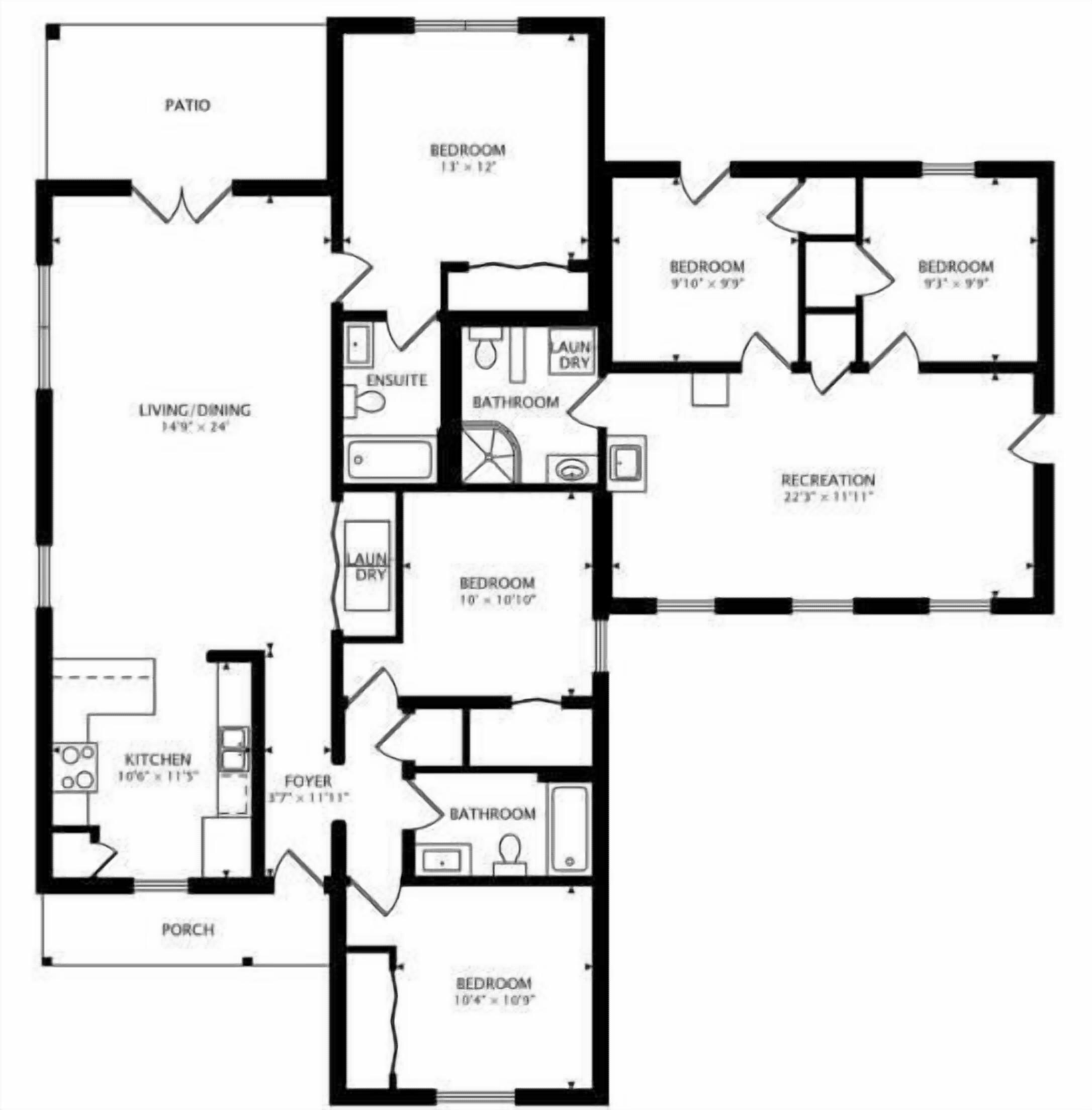 A floor plan with a patio, living/dining area, kitchen, two bedrooms, a bathroom, a foyer, and a recreation room.