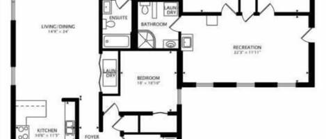 A floor plan with a patio, living/dining area, kitchen, two bedrooms, a bathroom, a foyer, and a recreation room.