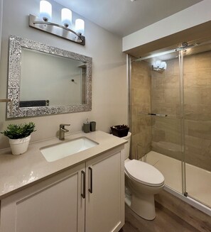 A bathroom with a glass shower enclosure, a sink with a mirror above it, and a toilet. - Modern 2BR Retreat | Fully Equipped | 31+ Day Stays — minutes to downtown Ottawa (Ottawa)