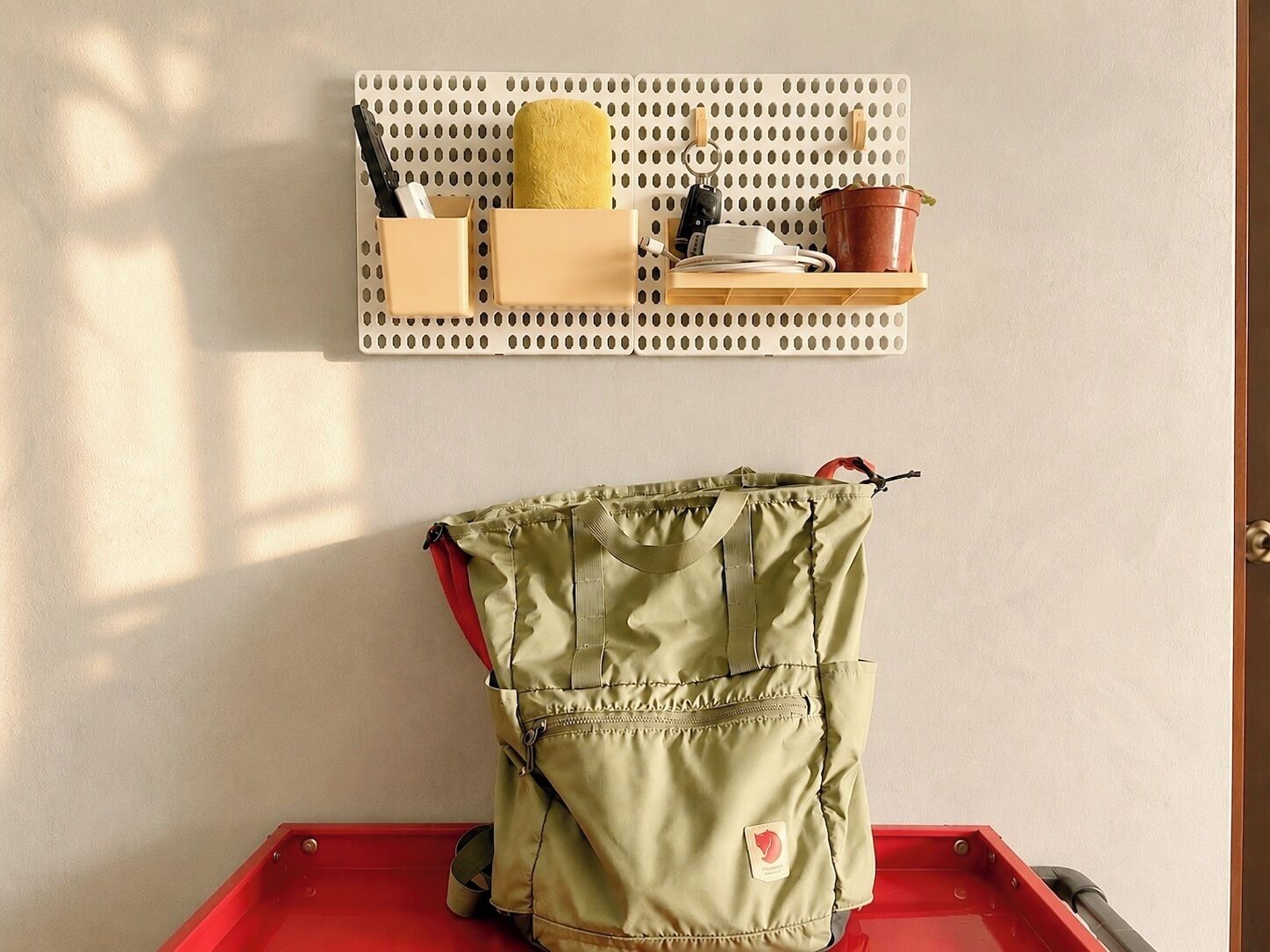 A pegboard with various items including a yellow sponge, a red container, and a brown pot. Below, a green bag is placed on a red tray.