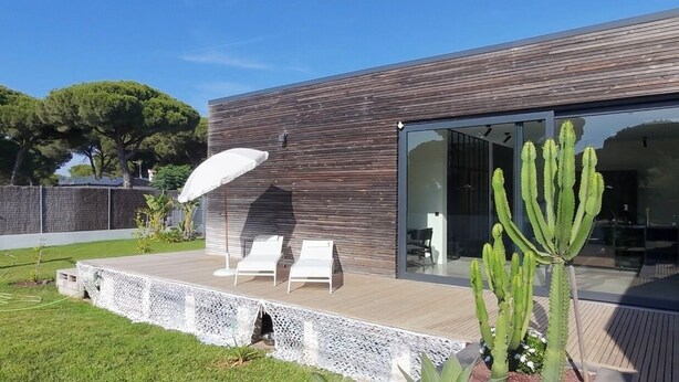 A modern house with a deck, two lounge chairs, and a large cactus.